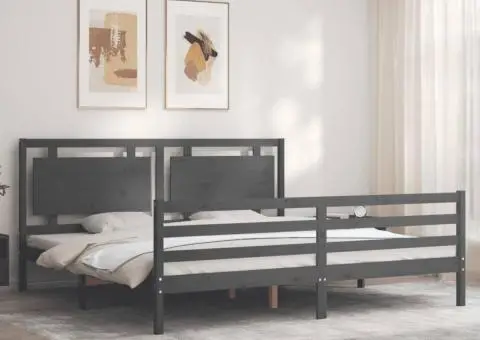 Cadru pat cu tăblie 200x200 cm, gri, lemn masiv - 4/5