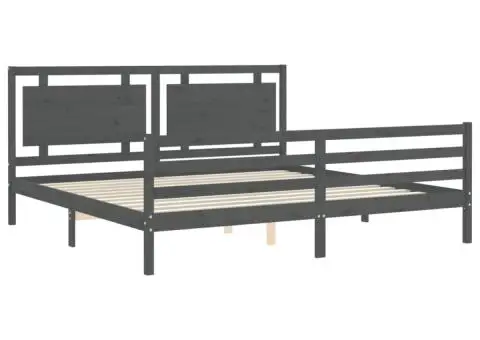 Cadru pat cu tăblie 200x200 cm, gri, lemn masiv - 5/5