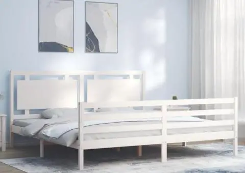 Cadru de pat cu tăblie Super King Size, alb, lemn masiv - 1/5