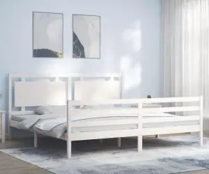 vidaXL Cadru de pat cu tăblie Super King Size, alb, lemn masiv