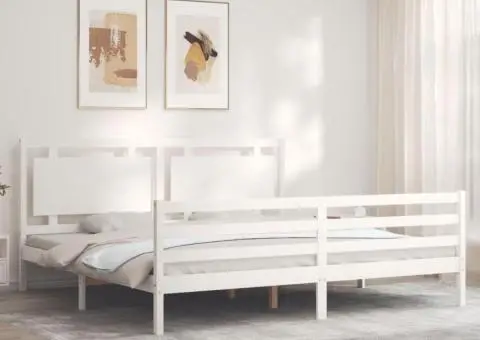 Cadru de pat cu tăblie Super King Size, alb, lemn masiv - 3/5