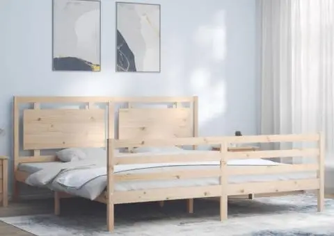 Cadru pat cu tăblie 200x200 cm, lemn masiv de pin - 1/5