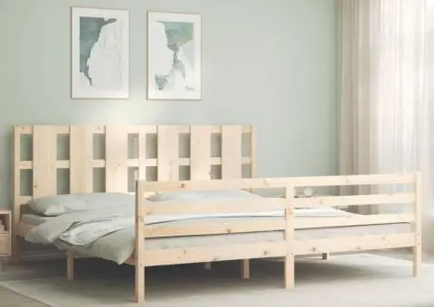 Cadru pat cu tăblie 200x200 cm, lemn masiv de pin - 1/5