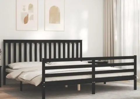 Cadru pat cu tăblie 200x200 cm, negru, lemn masiv - 3/5