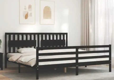 Cadru pat cu tăblie 200x200 cm, negru, lemn masiv - 1/5