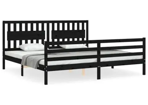 Cadru pat cu tăblie 200x200 cm, negru, lemn masiv - 2/5