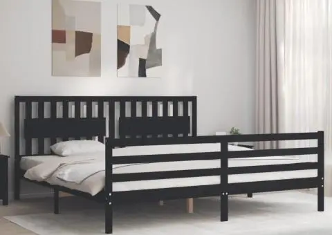 Cadru pat cu tăblie 200x200 cm, negru, lemn masiv - 3/5