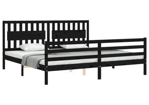 Cadru pat cu tăblie 200x200 cm, negru, lemn masiv - 4/5