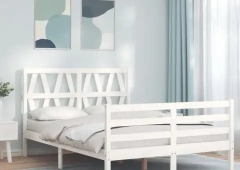 Cadru de pat cu tăblie, alb, 140x200 cm, lemn masiv - 1/5