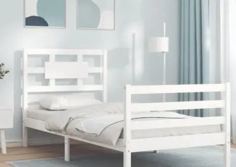 Cadru de pat cu tăblie, alb, 90x200 cm, lemn masiv - 1/5