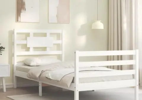 Cadru de pat cu tăblie, alb, 90x200 cm, lemn masiv - 3/5