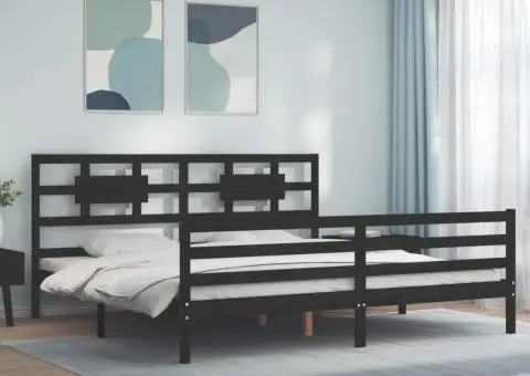 Cadru pat cu tăblie 200x200 cm, negru, lemn masiv - 1/5