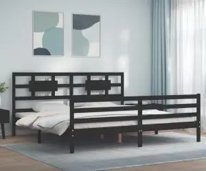 vidaXL Cadru pat cu tăblie 200x200 cm, negru, lemn masiv