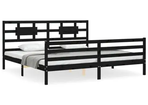 Cadru pat cu tăblie 200x200 cm, negru, lemn masiv - 2/5