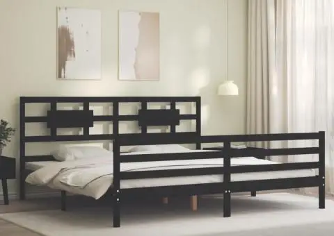 Cadru pat cu tăblie 200x200 cm, negru, lemn masiv - 3/5