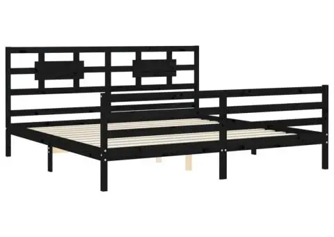 Cadru pat cu tăblie 200x200 cm, negru, lemn masiv - 5/5