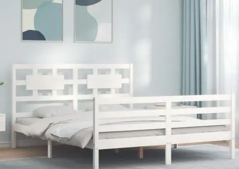 Cadru de pat cu tăblie, alb, 160x200 cm, lemn masiv - 1/5