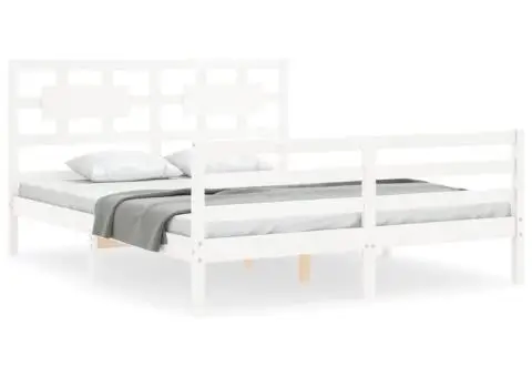 Cadru de pat cu tăblie, alb, 160x200 cm, lemn masiv - 2/5