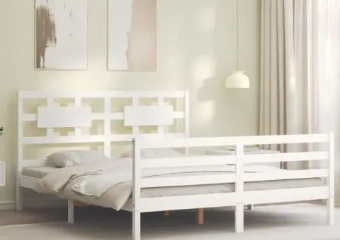 Cadru de pat cu tăblie, alb, 160x200 cm, lemn masiv - 3/5