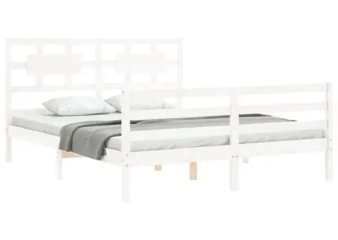 Cadru de pat cu tăblie, alb, 160x200 cm, lemn masiv - 4/5