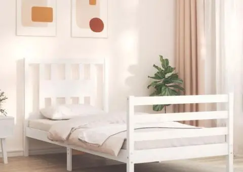 Cadru de pat cu tăblie, alb, 90x200 cm, lemn masiv - 1/5