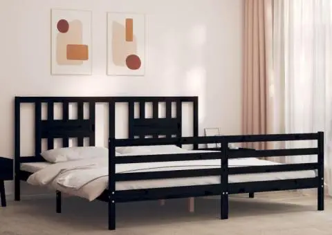 Cadru pat cu tăblie 200x200 cm, negru, lemn masiv - 1/5