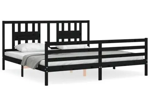 Cadru pat cu tăblie 200x200 cm, negru, lemn masiv - 2/5