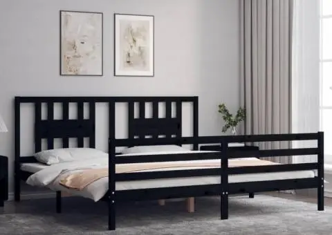 Cadru pat cu tăblie 200x200 cm, negru, lemn masiv - 3/5