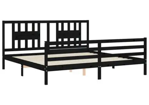 Cadru pat cu tăblie 200x200 cm, negru, lemn masiv - 5/5