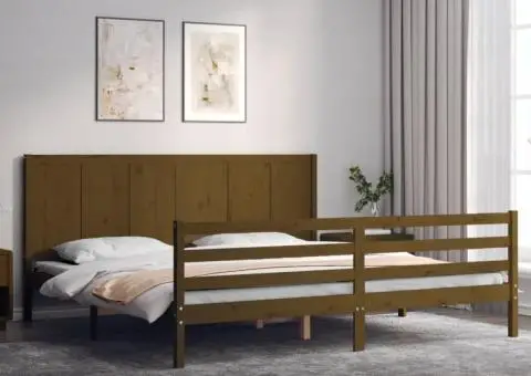 Cadru pat cu tăblie, maro miere, 200x200 cm, lemn masiv - 1/5