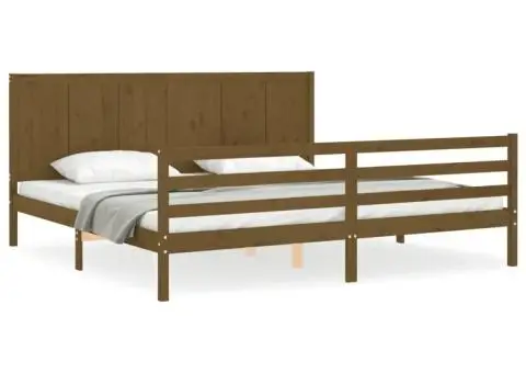 Cadru pat cu tăblie, maro miere, 200x200 cm, lemn masiv - 2/5