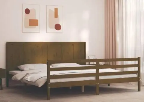 Cadru pat cu tăblie, maro miere, 200x200 cm, lemn masiv - 3/5