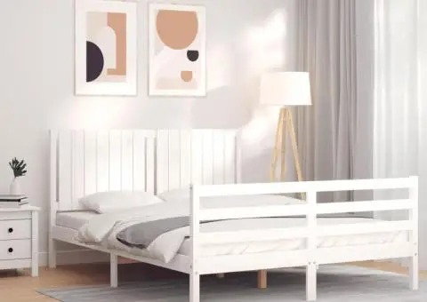 Cadru de pat cu tăblie, alb, 160x200 cm, lemn masiv - 1/5