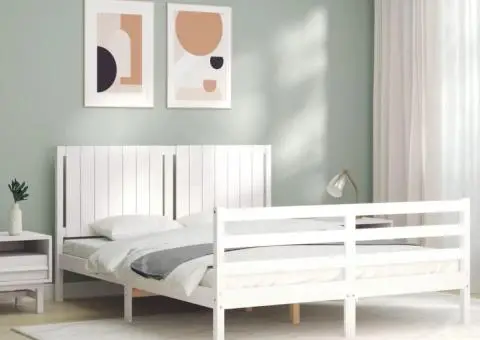 Cadru de pat cu tăblie, alb, 160x200 cm, lemn masiv - 4/5