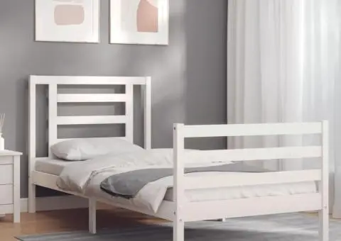 Cadru de pat cu tăblie, alb, 90x200 cm, lemn masiv - 3/5