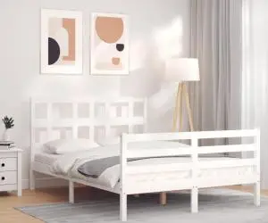 vidaXL Cadru de pat cu tăblie, 140x190 cm, alb, lemn masiv