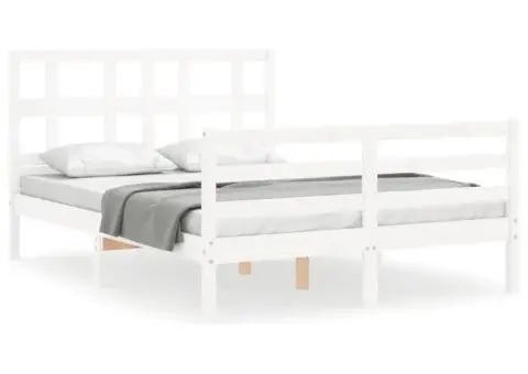 Cadru de pat cu tăblie, 140x190 cm, alb, lemn masiv - 2/5