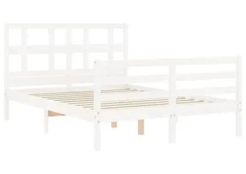 Cadru de pat cu tăblie, 140x190 cm, alb, lemn masiv - 3/5
