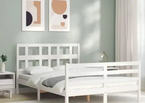 Cadru de pat cu tăblie, 140x190 cm, alb, lemn masiv - 4/5