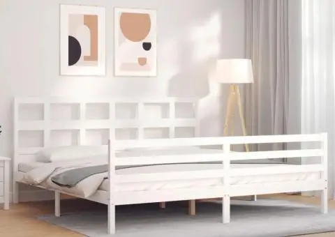 Cadru pat cu tăblie 200x200 cm, alb, lemn masiv - 1/5