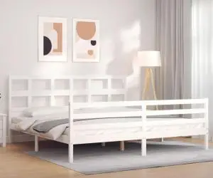 vidaXL Cadru pat cu tăblie 200x200 cm, alb, lemn masiv