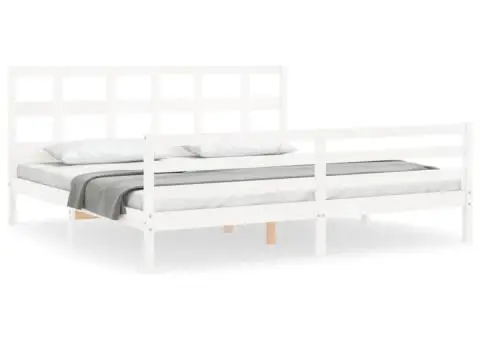 Cadru pat cu tăblie 200x200 cm, alb, lemn masiv - 2/5