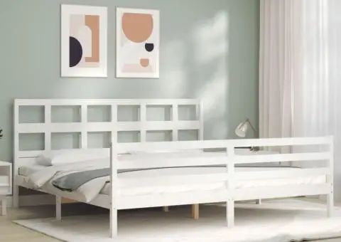 Cadru pat cu tăblie 200x200 cm, alb, lemn masiv - 4/5