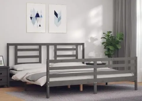 Cadru pat cu tăblie 200x200 cm, gri, lemn masiv - 1/5