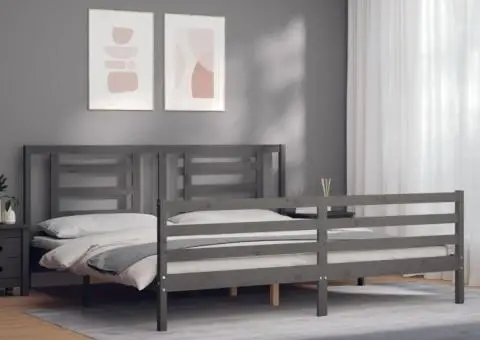Cadru pat cu tăblie 200x200 cm, gri, lemn masiv - 3/5