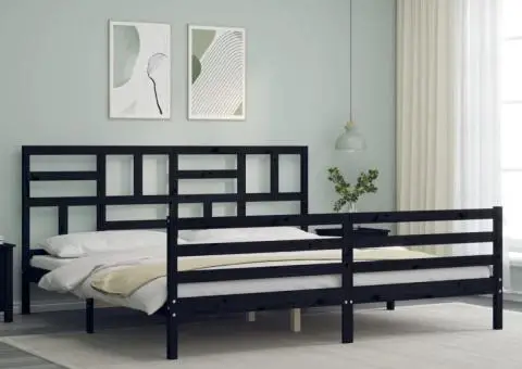 Cadru pat cu tăblie 200x200 cm, negru, lemn masiv - 4/5