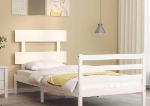 Cadru de pat cu tăblie, alb, 90x200 cm, lemn masiv - 1/5