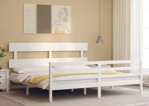 Cadru de pat cu tăblie Super King Size, alb, lemn masiv - 1/5