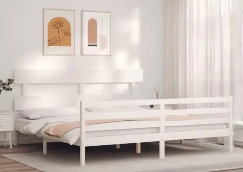 Cadru de pat cu tăblie Super King Size, alb, lemn masiv - 3/5