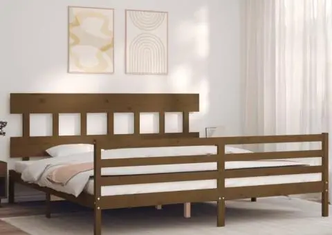 Cadru pat cu tăblie, maro miere, 200x200 cm, lemn masiv - 1/5